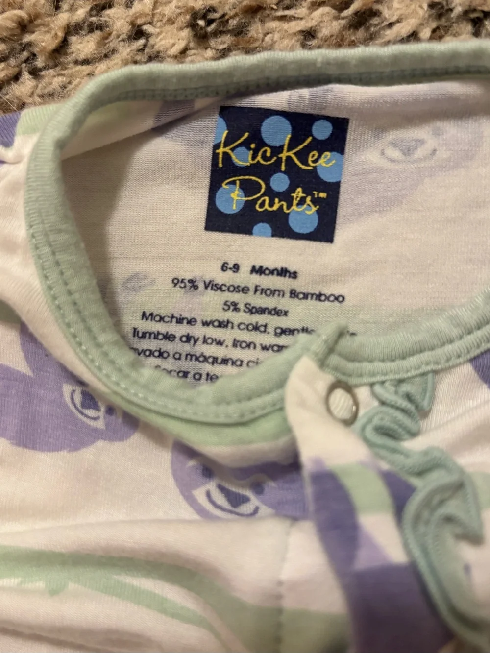 Kickee Pants Lavender Sloth Print Ruffle Footie with Mint Accents